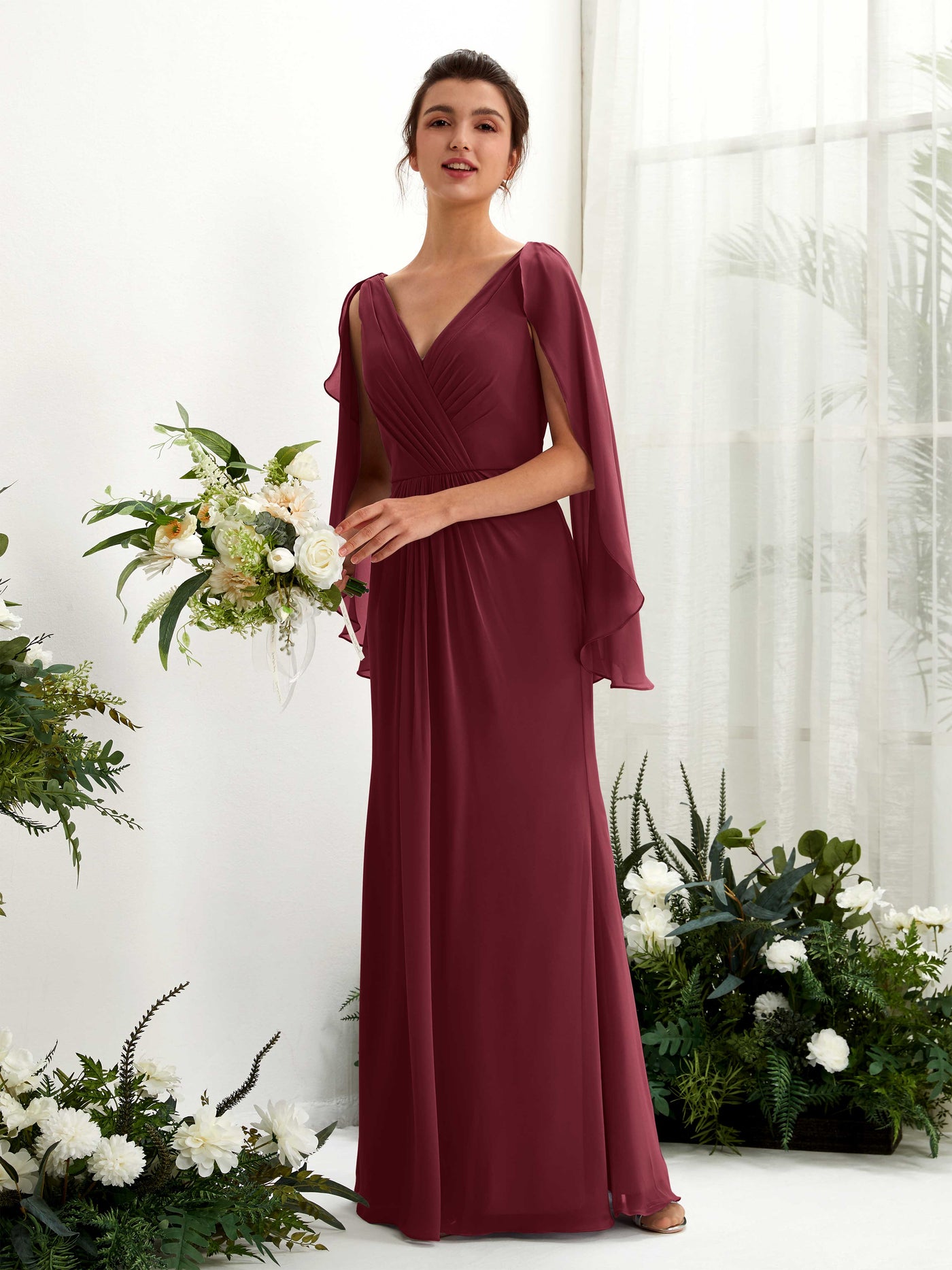 A-line V-neck Chiffon Bridesmaid Dress - Burgundy (80220112)#color_burgundy