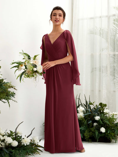 Carlyna Alain A-Line Burgundy Bridesmaid Dress Maxi Cap Sleeve V-Neck Dress Front View #color_burgundy