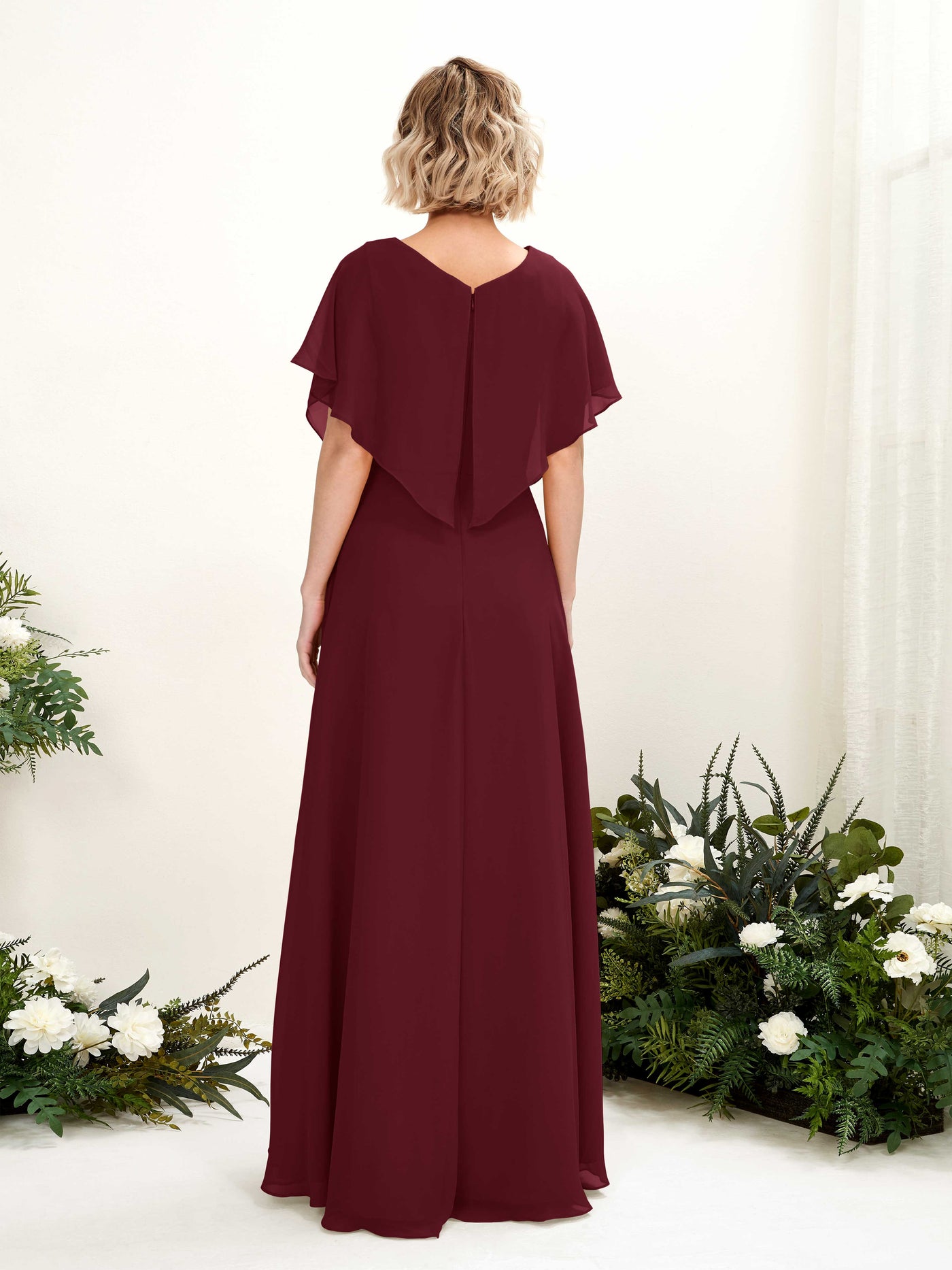 A-line V-neck Short Sleeves Chiffon Bridesmaid Dress - Burgundy (81222112)#color_burgundy