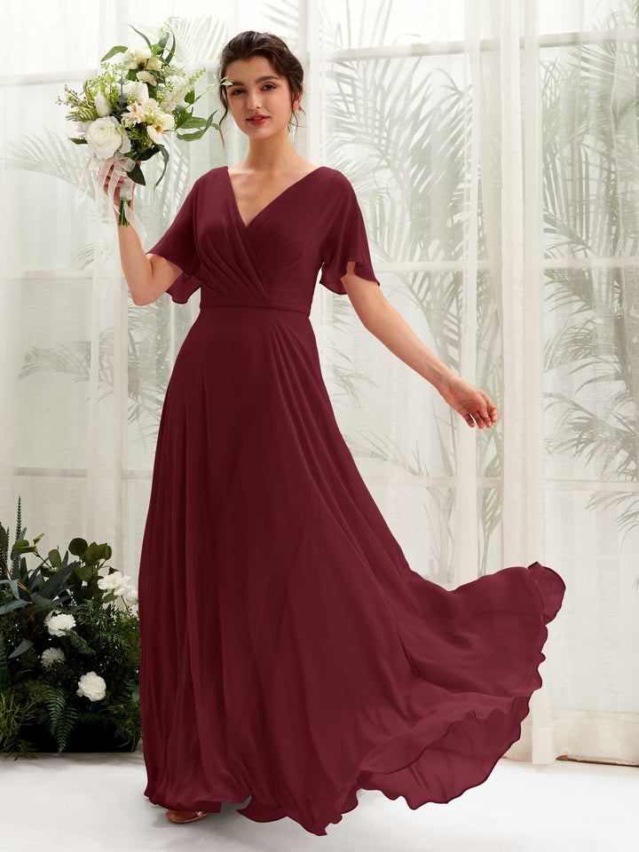 A-line V-neck Short Sleeves Chiffon Bridesmaid Dress - Burgundy (81224612)