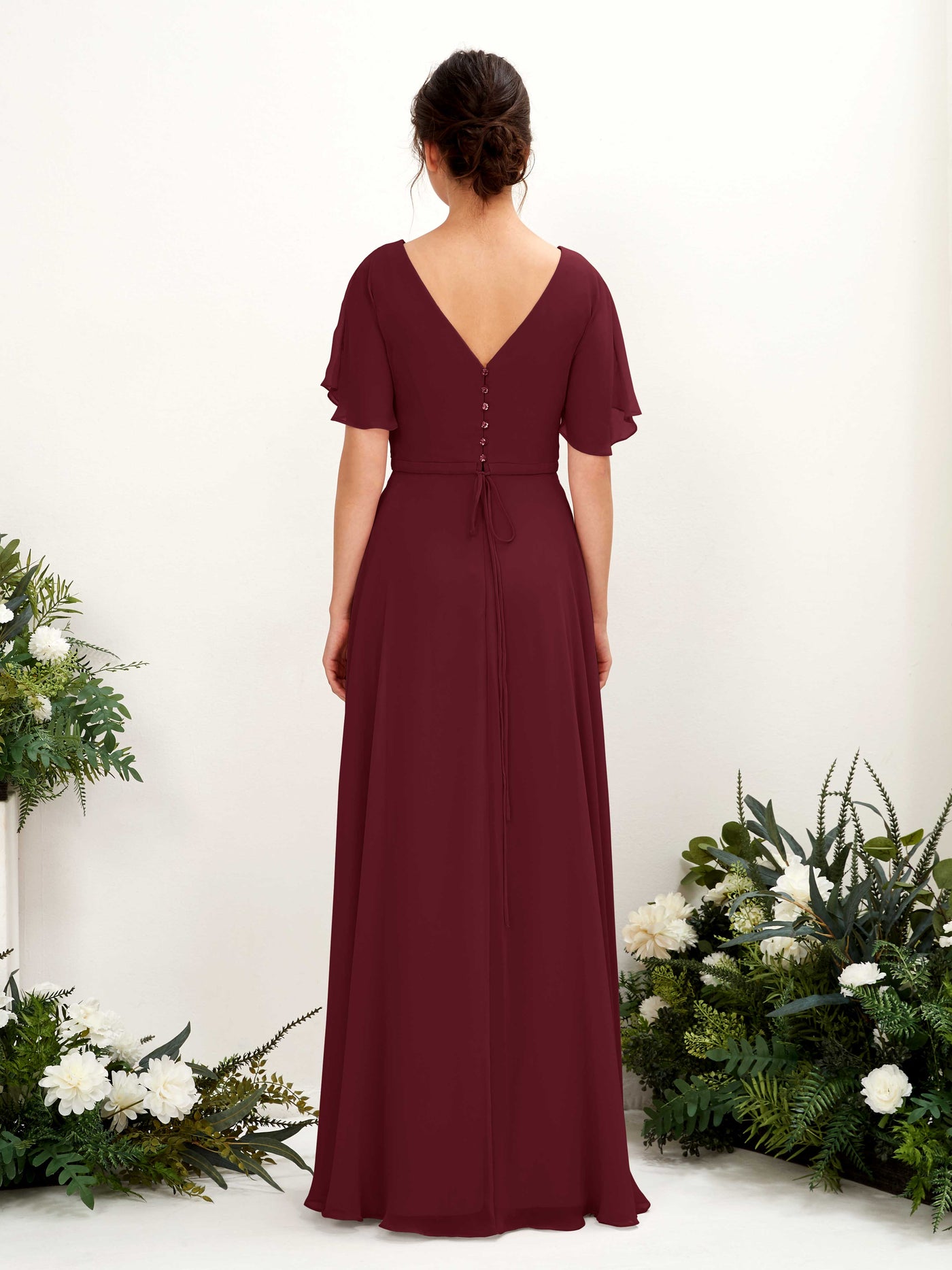 A-line V-neck Short Sleeves Chiffon Bridesmaid Dress - Burgundy (81224612)#color_burgundy