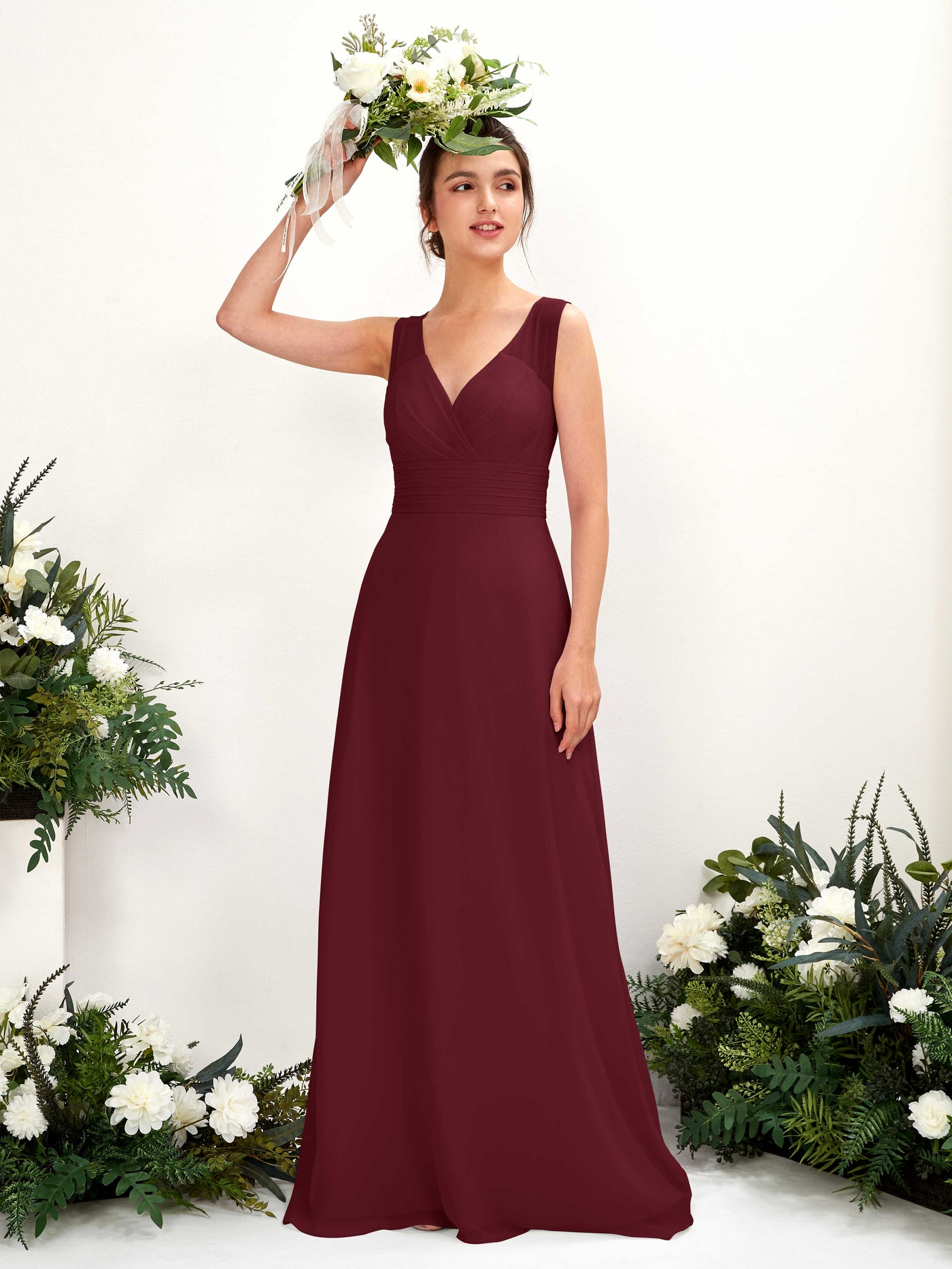 A-line V-neck Sleeveless Chiffon Bridesmaid Dress - Burgundy (81220912)#color_burgundy