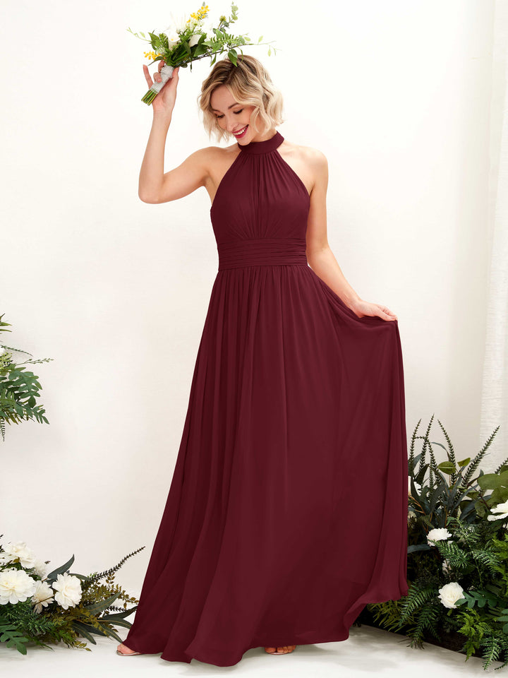 Ball Gown Halter Sleeveless Chiffon Bridesmaid Dress - Burgundy (81225312)
