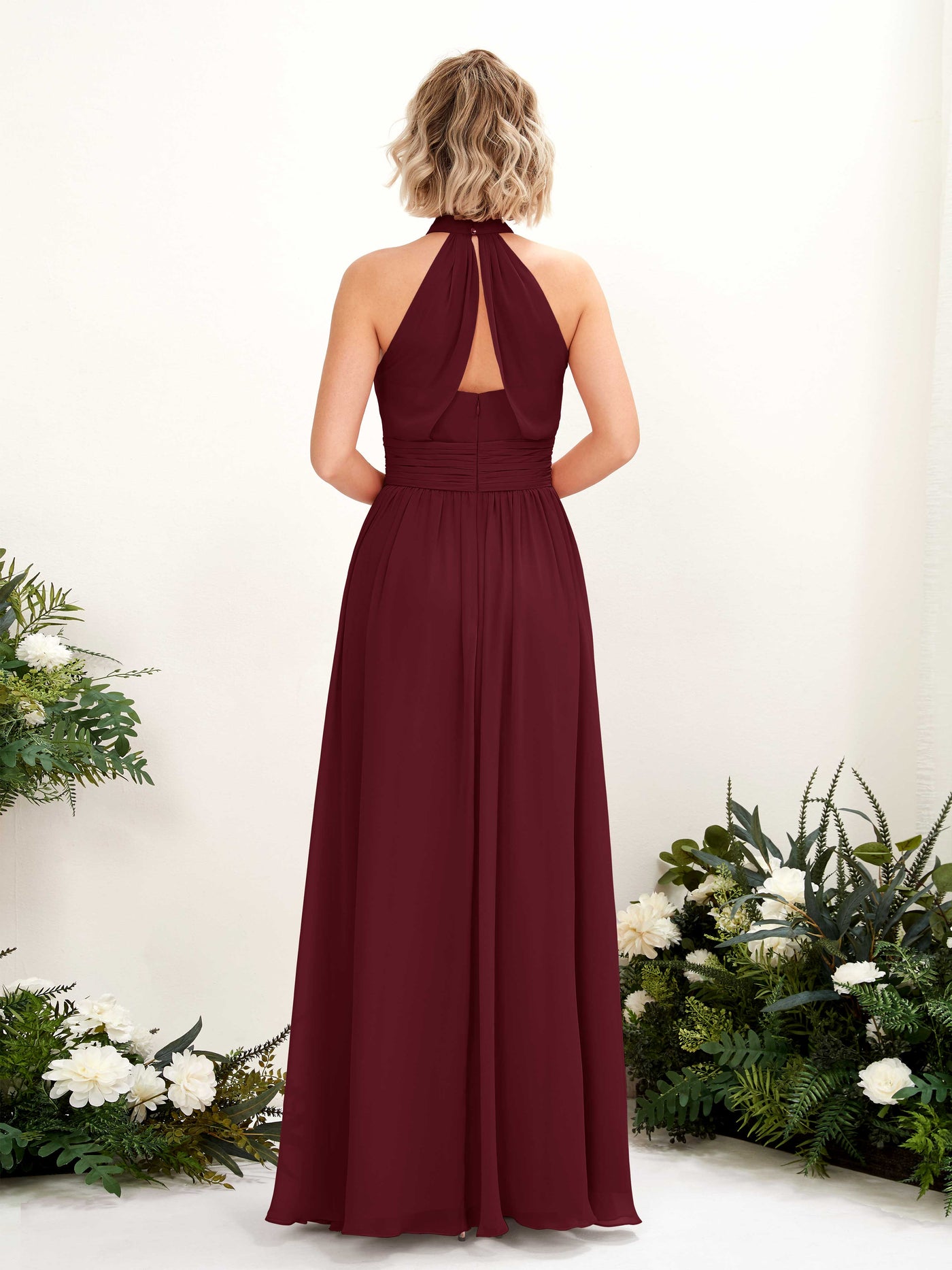 Ball Gown Halter Sleeveless Chiffon Bridesmaid Dress - Burgundy (81225312)#color_burgundy