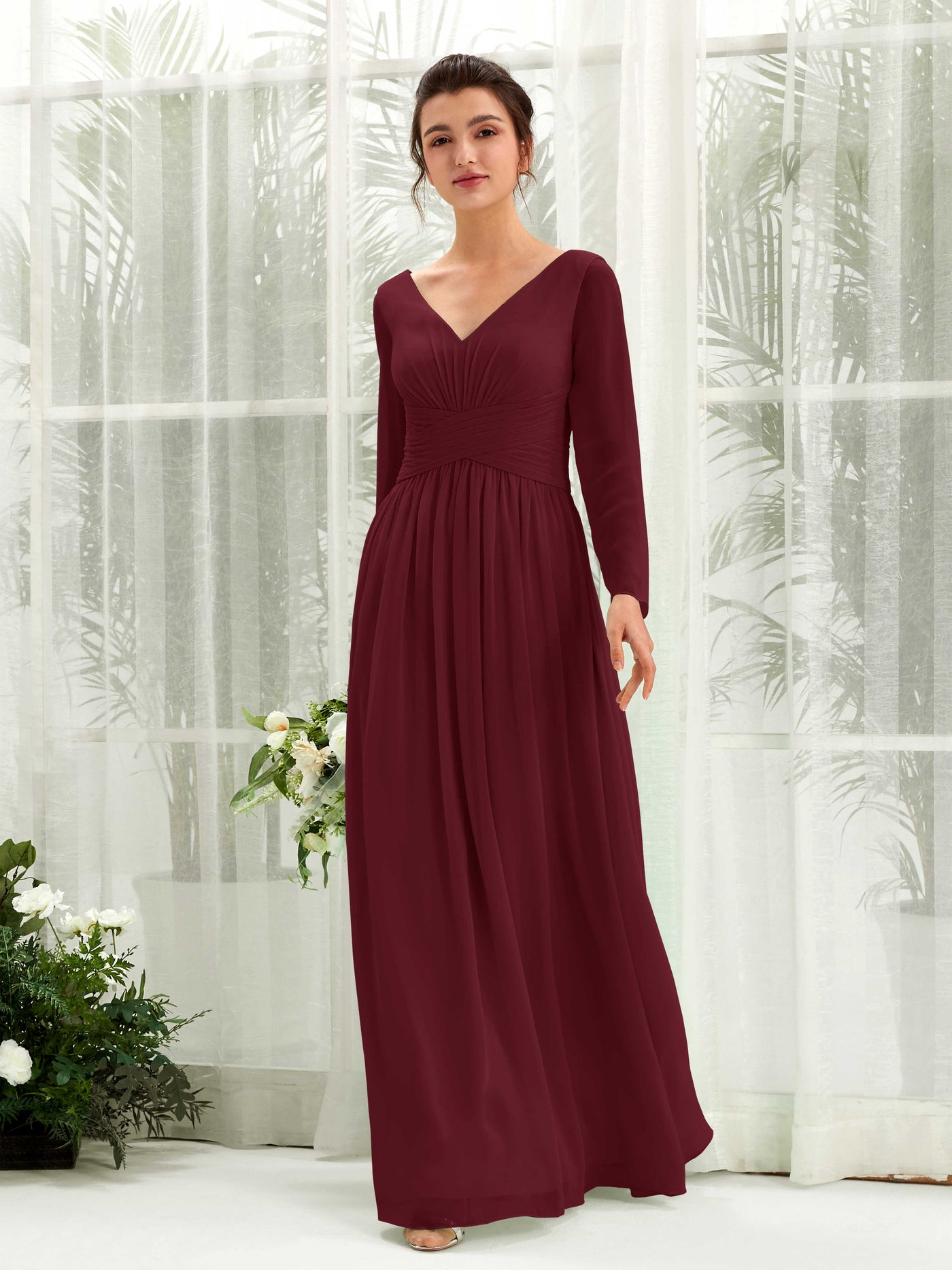 Ball Gown V-neck Long Sleeves Chiffon Bridesmaid Dress - Burgundy (81220312)#color_burgundy