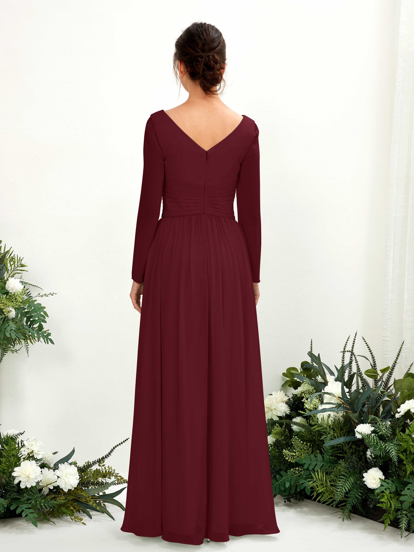 Ball Gown V-neck Long Sleeves Chiffon Bridesmaid Dress - Burgundy (81220312)#color_burgundy
