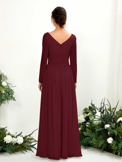 Carlyna Coline A-Line Burgundy Bridesmaid Dress Maxi Long Sleeve V-Neck Back View #color_burgundy