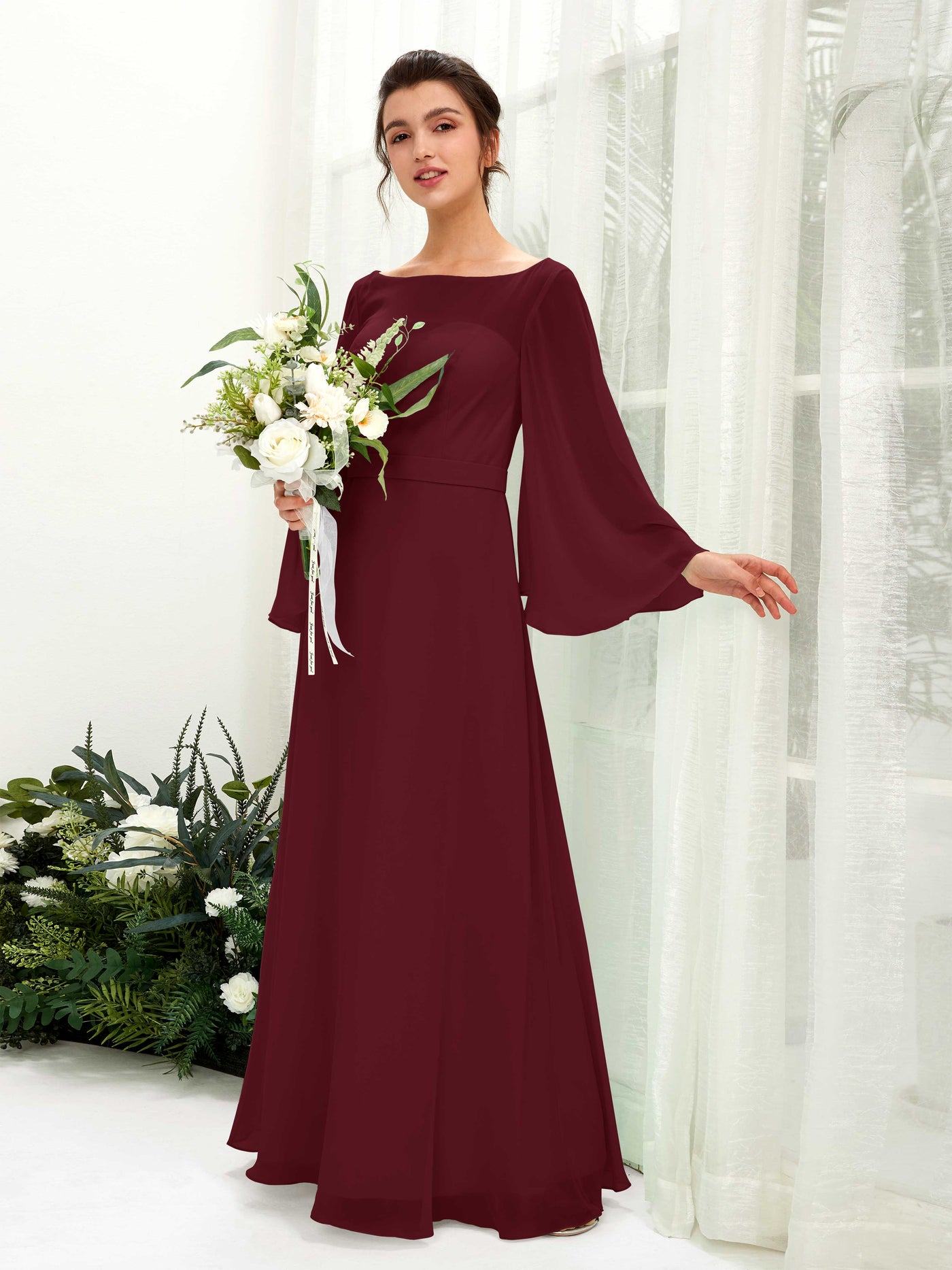 Bateau Illusion Long Sleeves Chiffon Bridesmaid Dress - Burgundy (81220512)#color_burgundy