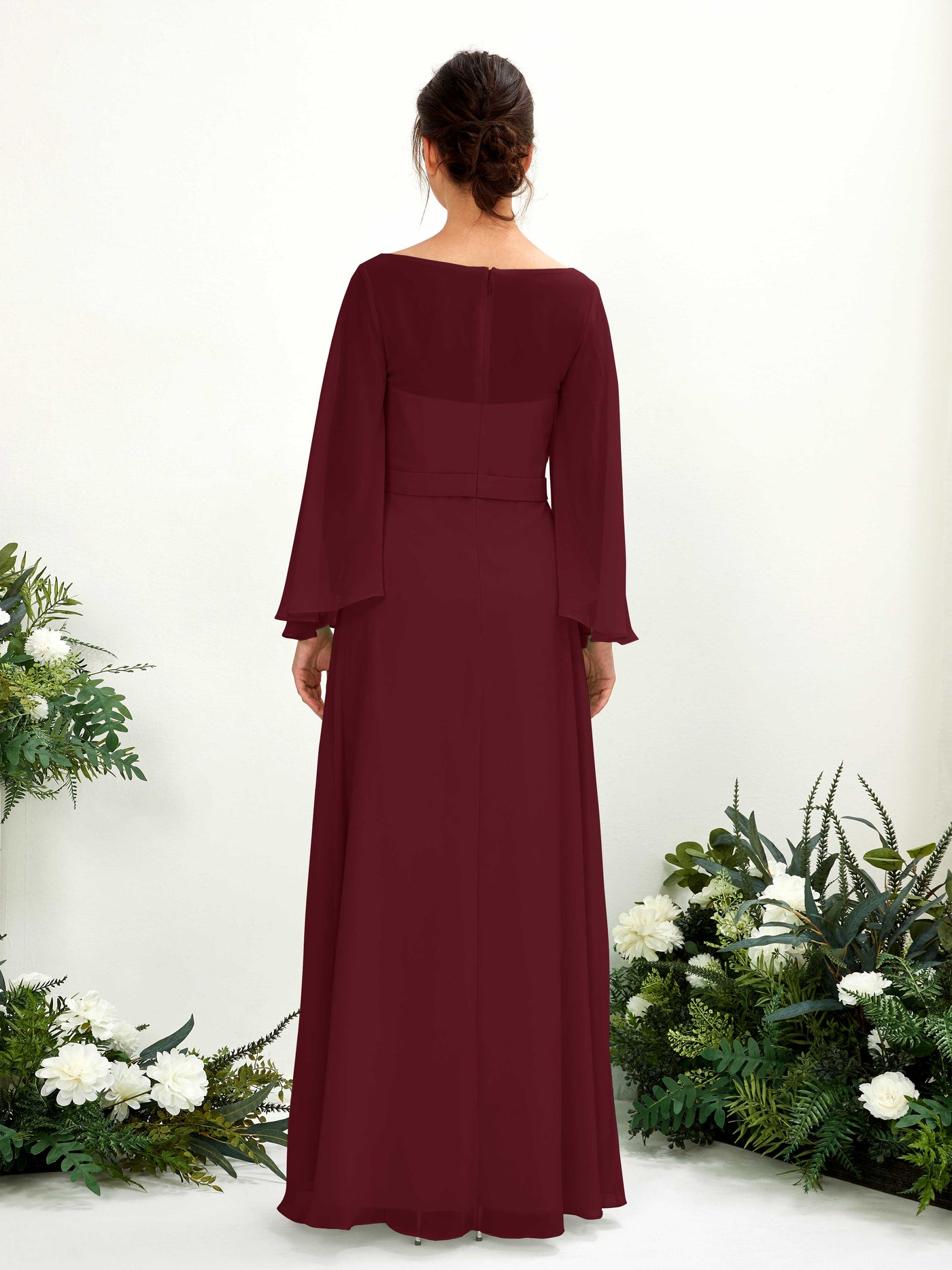 Bateau Illusion Long Sleeves Chiffon Bridesmaid Dress - Burgundy (81220512)#color_burgundy