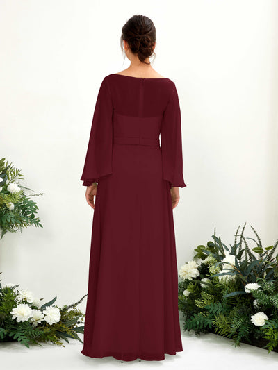 Carlyna Elie A-Line Burgundy Bridesmaid Dress Maxi Long Sleeve Boat Neck Back View #color_burgundy