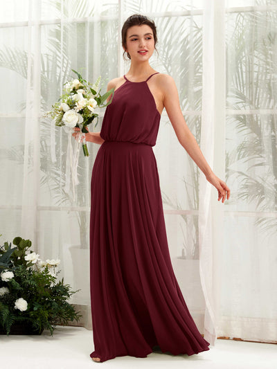 Carlyna Alva A-Line Burgundy Bridesmaid Dress Maxi Sleeveless Halter Dress Front View #color_burgundy