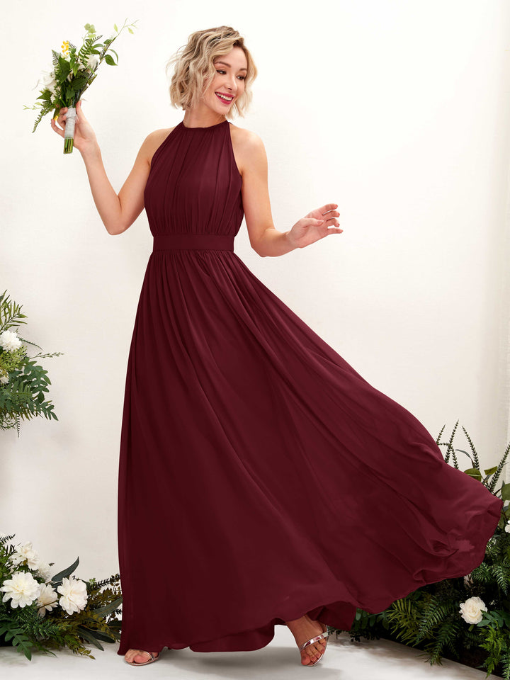 Halter Sleeveless Chiffon Bridesmaid Dress - Burgundy (81223112)
