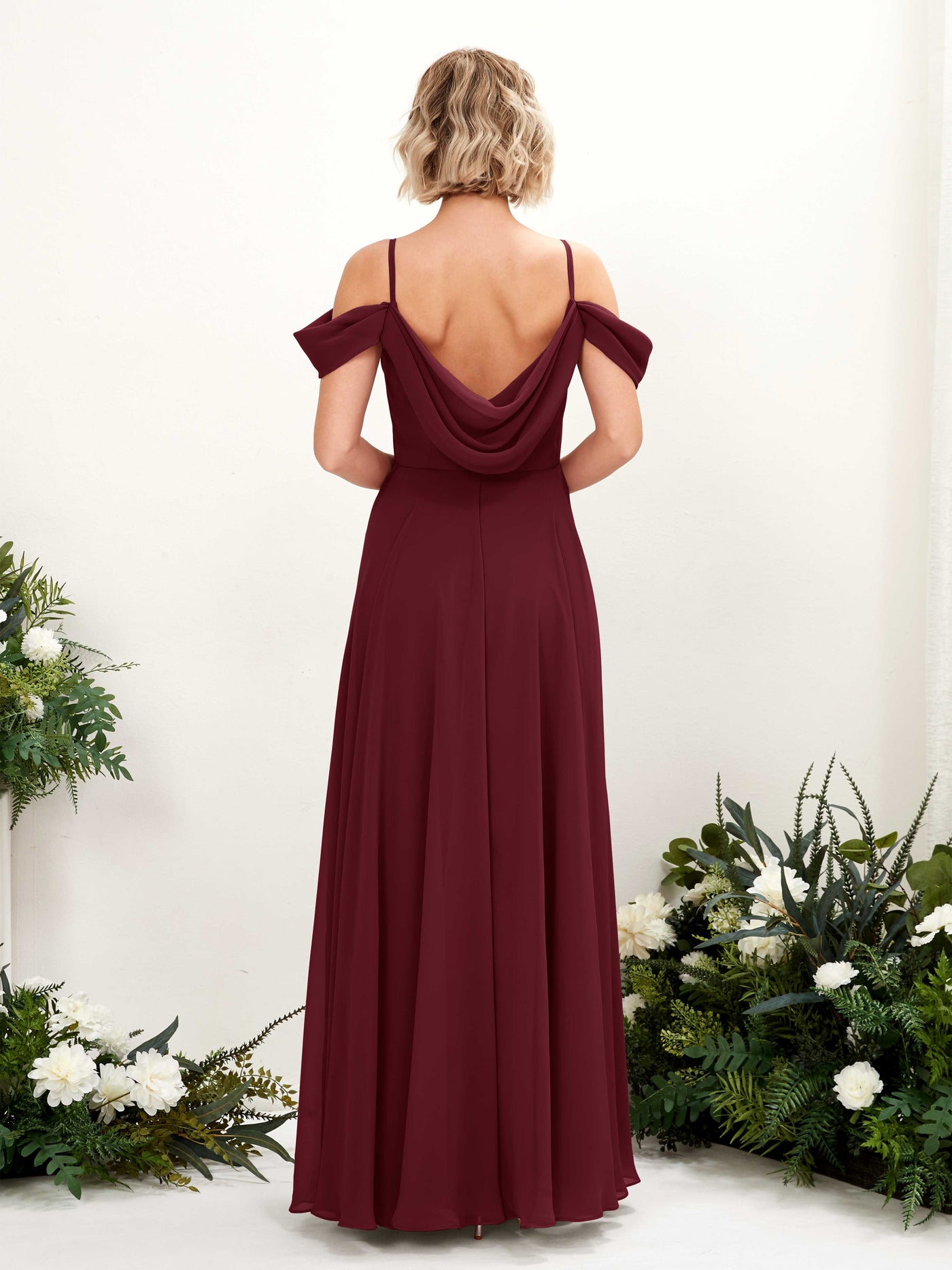 Off Shoulder Straps V-neck Sleeveless Chiffon Bridesmaid Dress - Burgundy (81224912)#color_burgundy