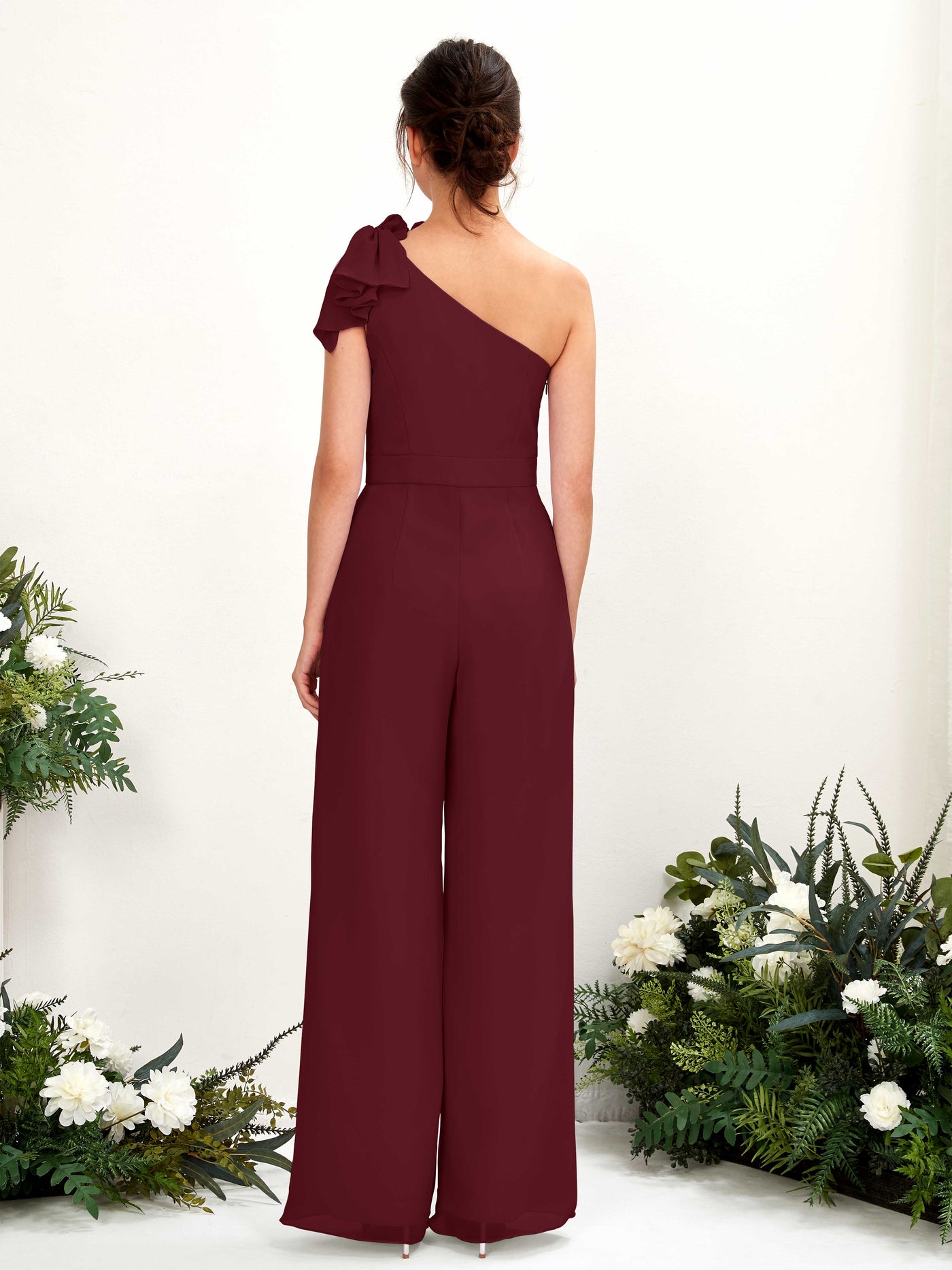 One Shoulder Sleeveless Chiffon Bridesmaid Wide-Leg Jumpsuit - Burgundy (81220812)#color_burgundy