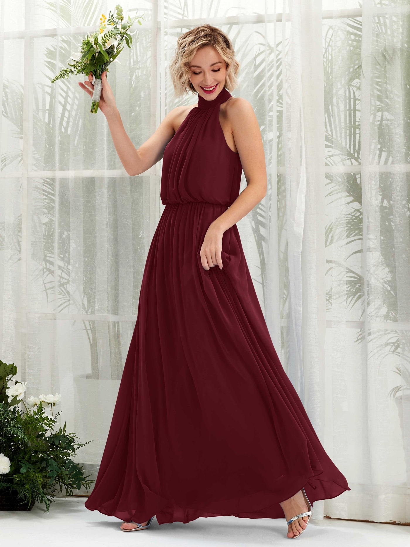 Halter Sleeveless Chiffon Bridesmaid Dress - Burgundy (81222912)#color_burgundy