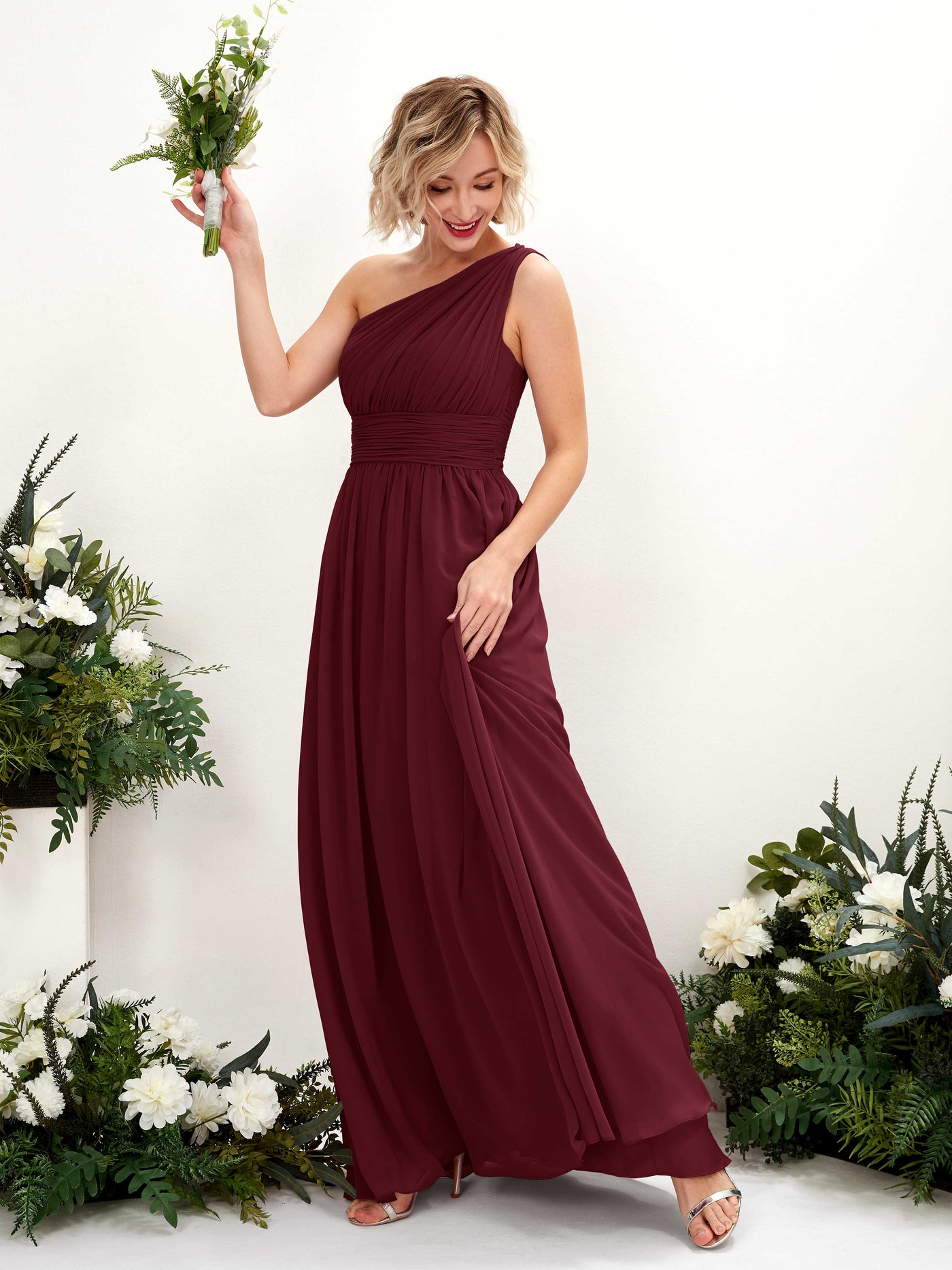 One Shoulder Sleeveless Chiffon Bridesmaid Dress - Burgundy (81225012)#color_burgundy