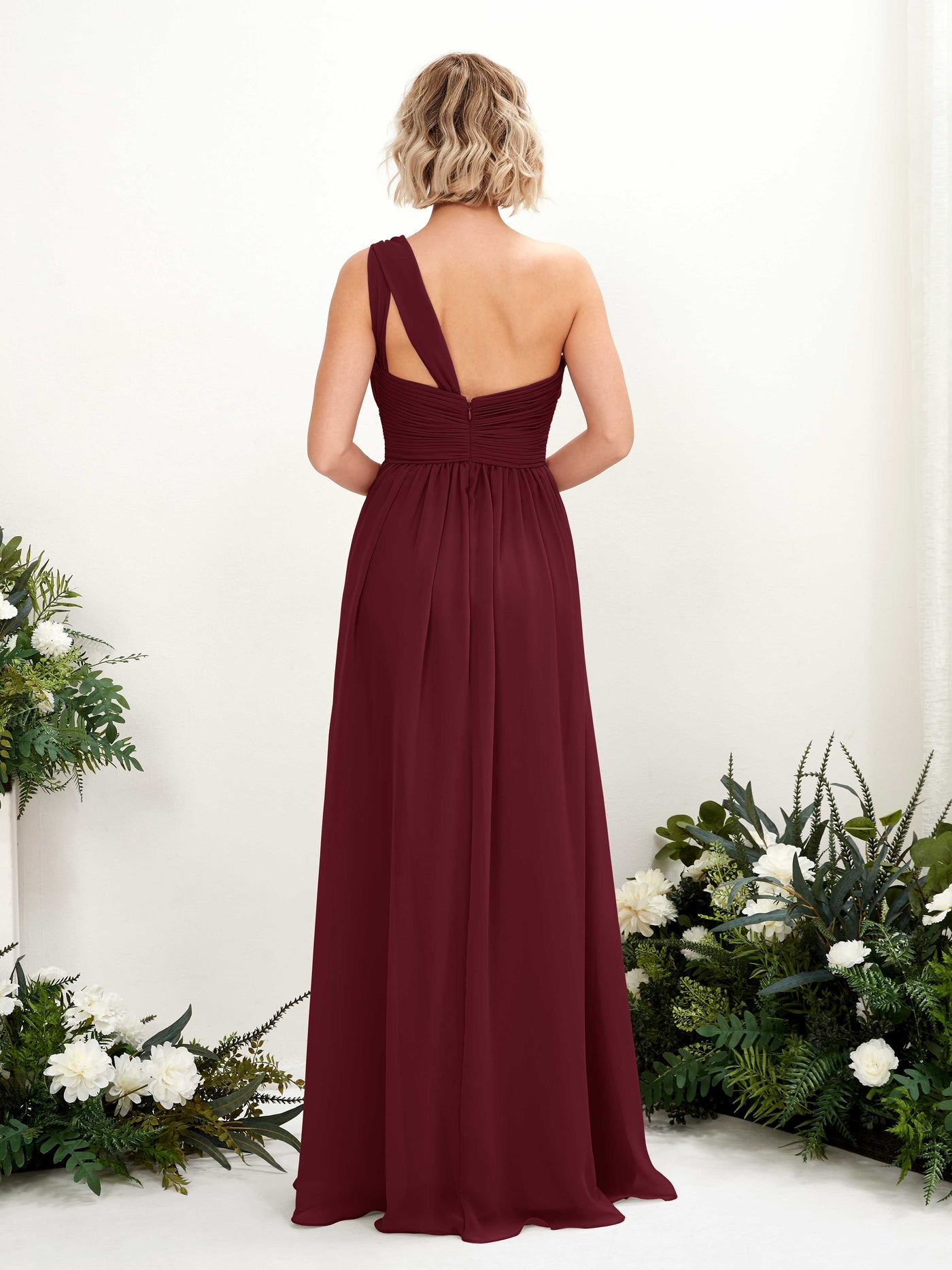One Shoulder Sleeveless Chiffon Bridesmaid Dress - Burgundy (81225012)#color_burgundy