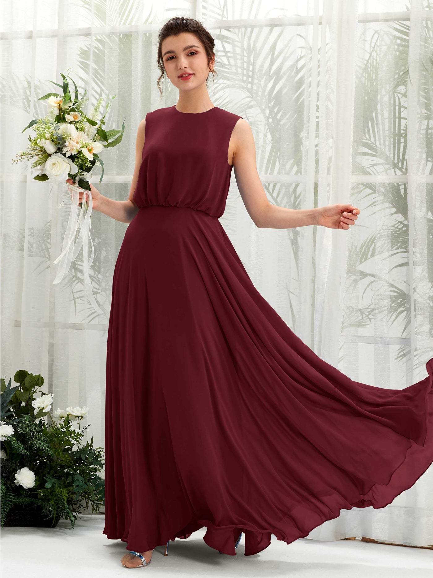Round Sleeveless Chiffon Bridesmaid Dress - Burgundy (81222812)#color_burgundy