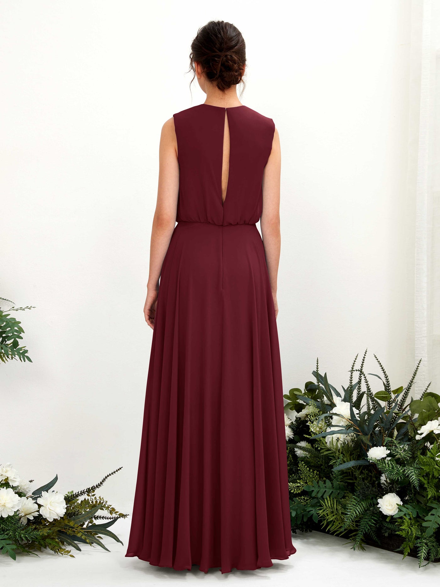 Round Sleeveless Chiffon Bridesmaid Dress - Burgundy (81222812)#color_burgundy