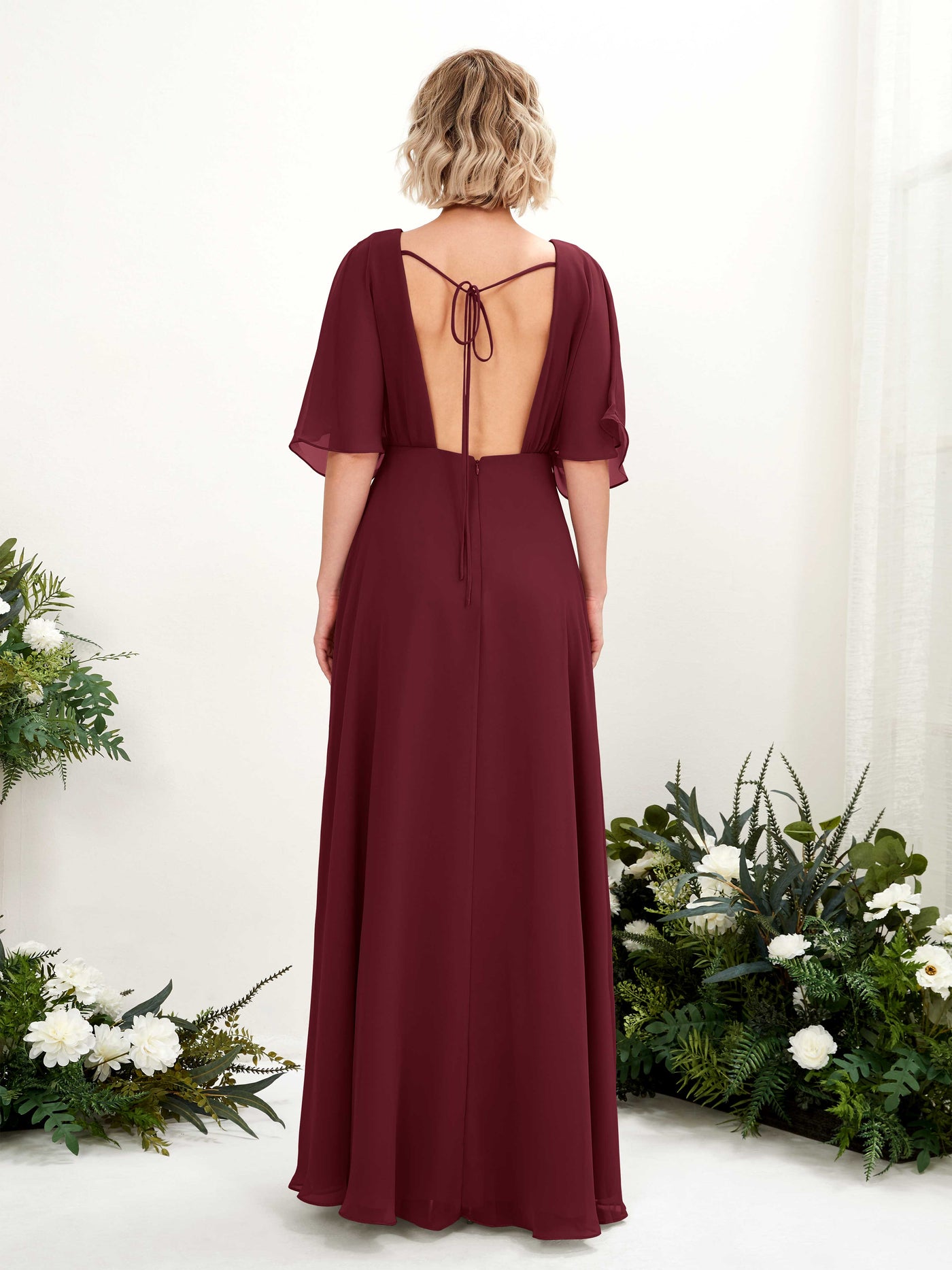 V-neck 1/2 Sleeves Chiffon Bridesmaid Dress - Burgundy (81225112)#color_burgundy
