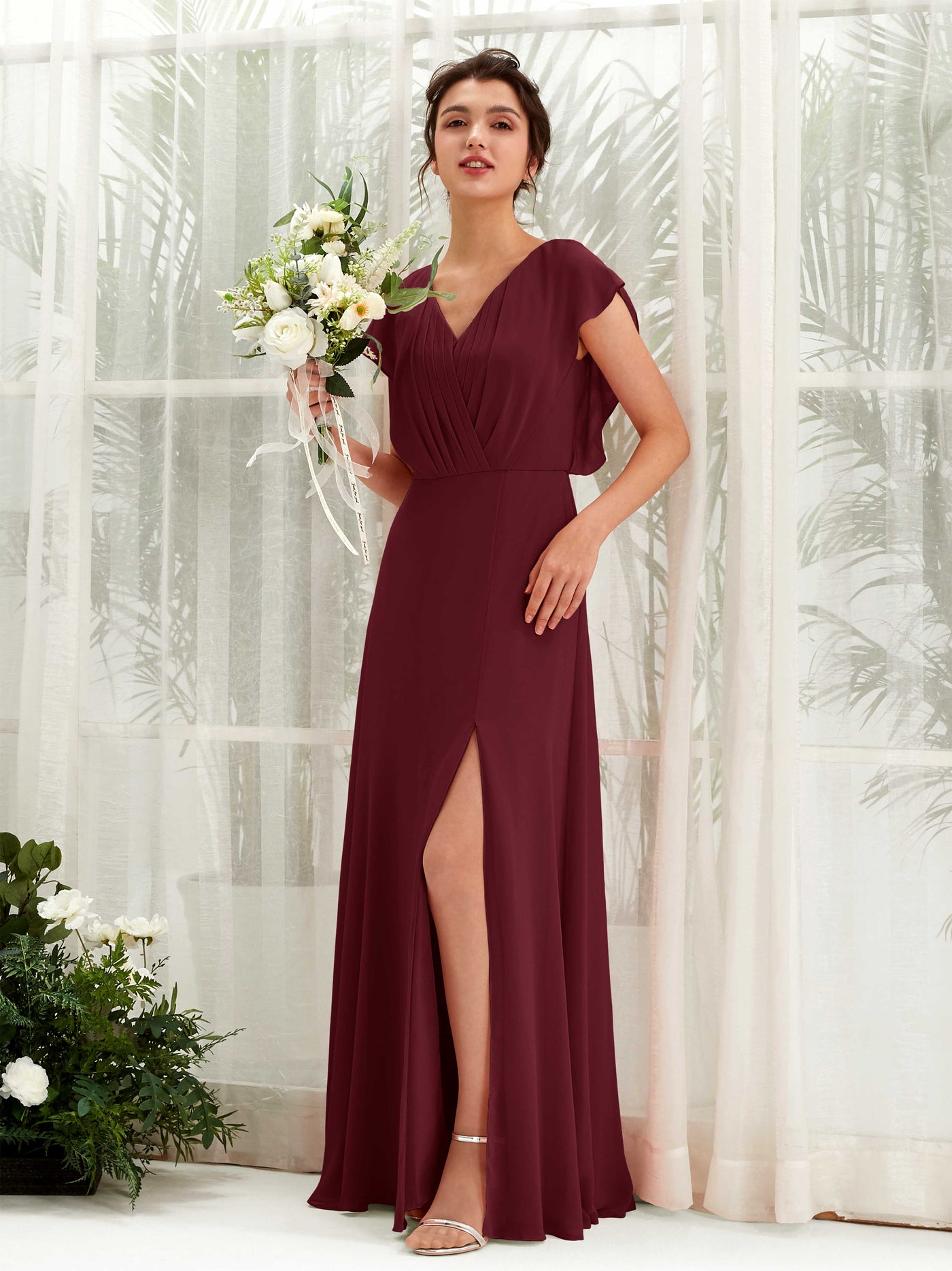 V-neck Cap Sleeves Bridesmaid Dress - Burgundy (81225612)#color_burgundy