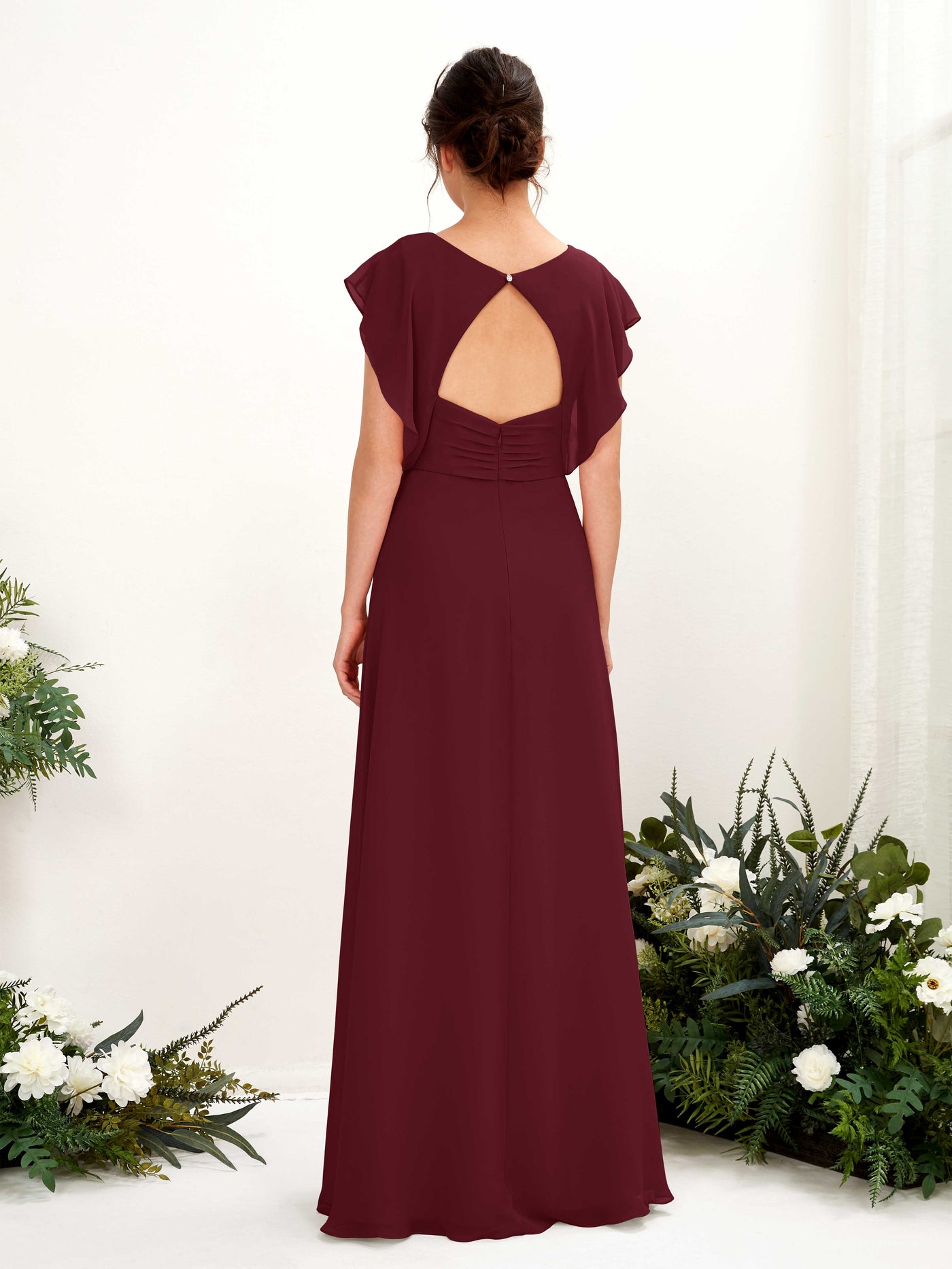 V-neck Cap Sleeves Bridesmaid Dress - Burgundy (81225612)#color_burgundy