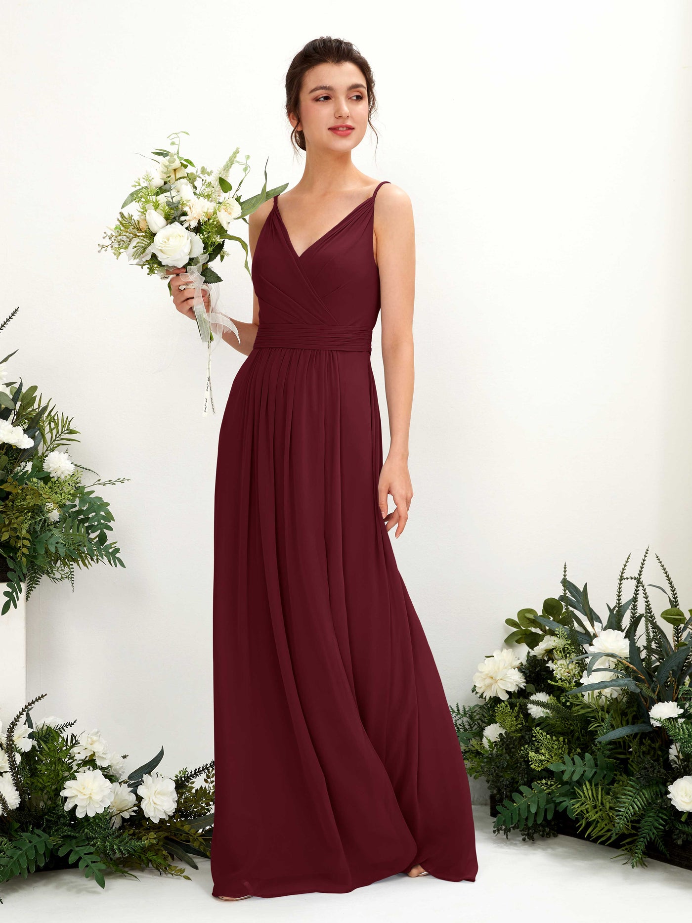 Spaghetti-straps V-neck Sleeveless Bridesmaid Dress - Burgundy (81223912)#color_burgundy