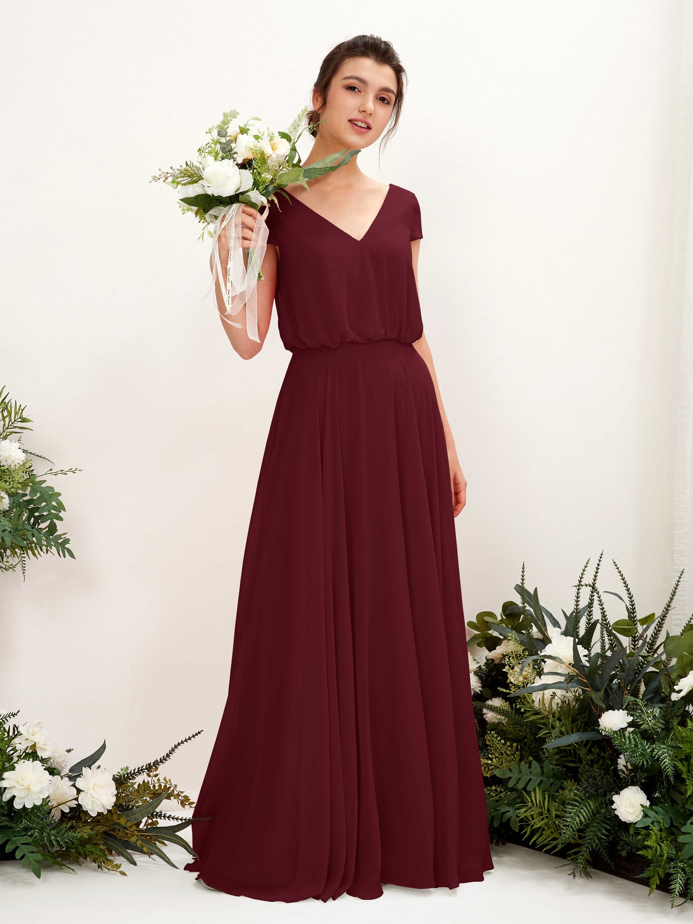 V-neck Cap Sleeves Chiffon Bridesmaid Dress - Burgundy (81221812)#color_burgundy
