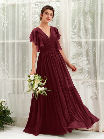 Carlyna Chaya A-Line Burgundy Bridesmaid Dress Maxi Cap Sleeve V-Neck Dress Front View #color_burgundy