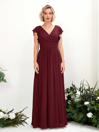 Carlyna Grino A-Line Burgundy Bridesmaid Dress Maxi Cap Sleeve V-Neck Dress Front View #color_burgundy