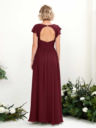 Carlyna Grino A-Line Burgundy Bridesmaid Dress Maxi Cap Sleeve V-Neck Dress Back View #color_burgundy