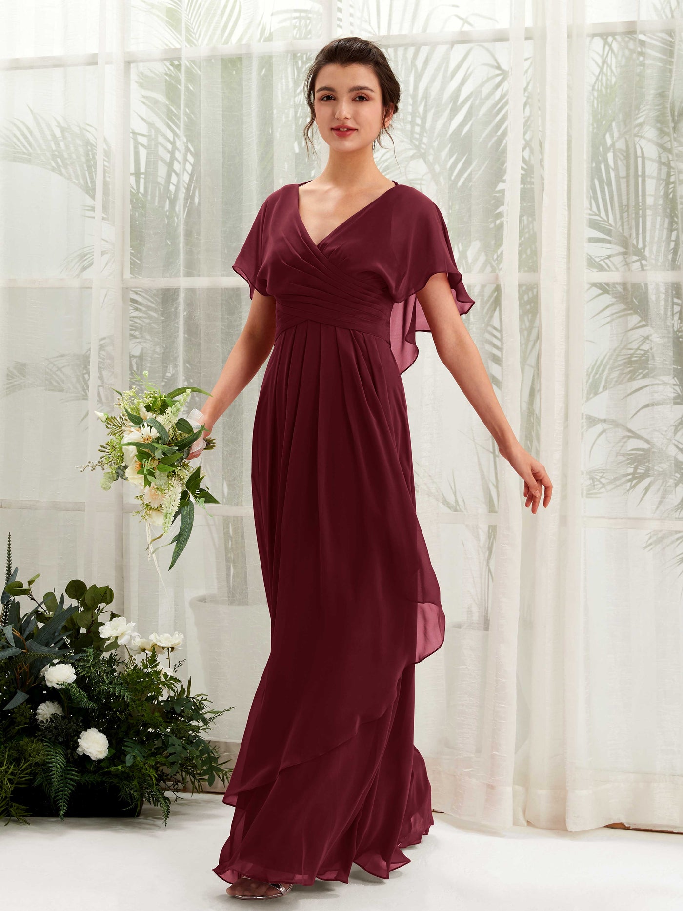 V-neck Short Sleeves Chiffon Bridesmaid Dress - Burgundy (81226112)#color_burgundy