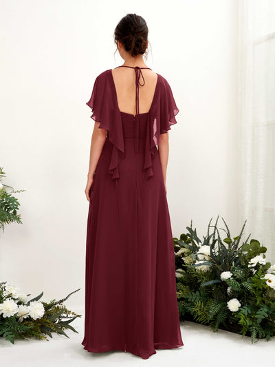 Carlyna Darlene A-Line Burgundy Bridesmaid Dress Maxi Short Sleeve V-Neck Dress Back View #color_burgundy