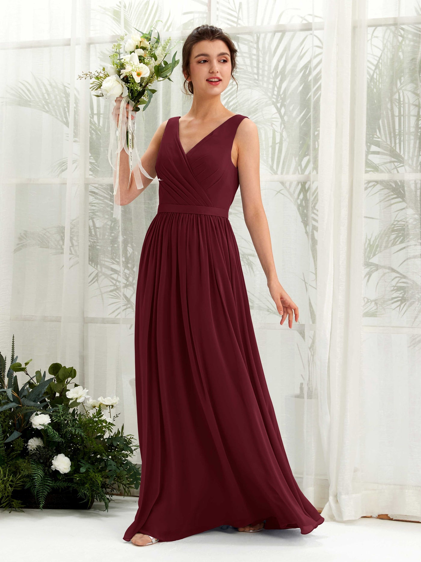 V-neck Sleeveless Chiffon Bridesmaid Dress - Burgundy (81223612)#color_burgundy