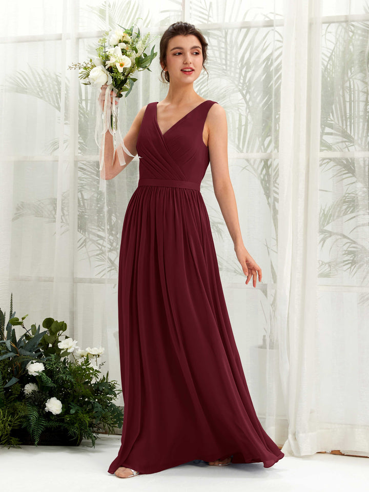 V-neck Sleeveless Chiffon Bridesmaid Dress - Burgundy (81223612)