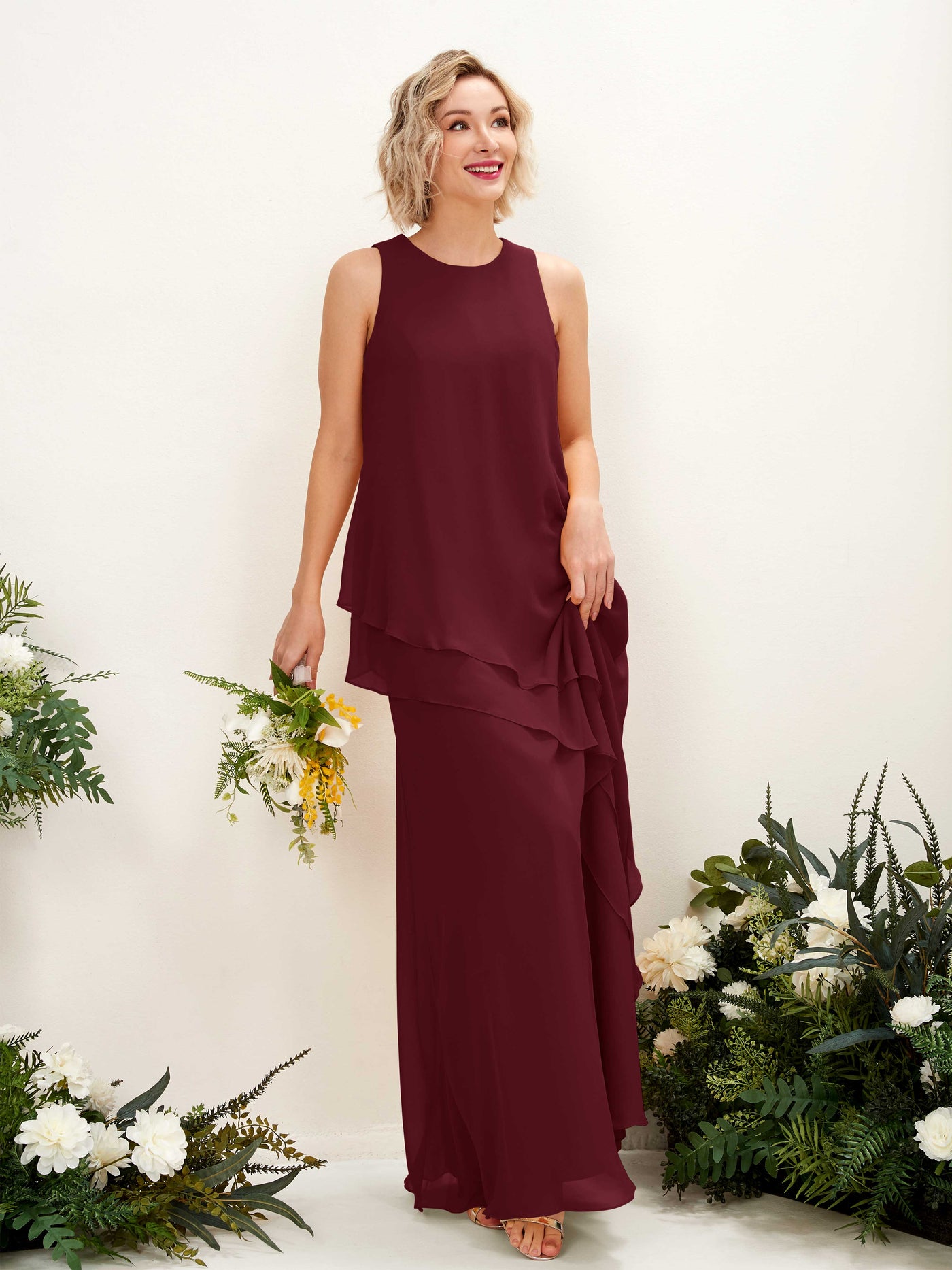 Round Sleeveless Chiffon Bridesmaid Dress - Burgundy (81222312)#color_burgundy