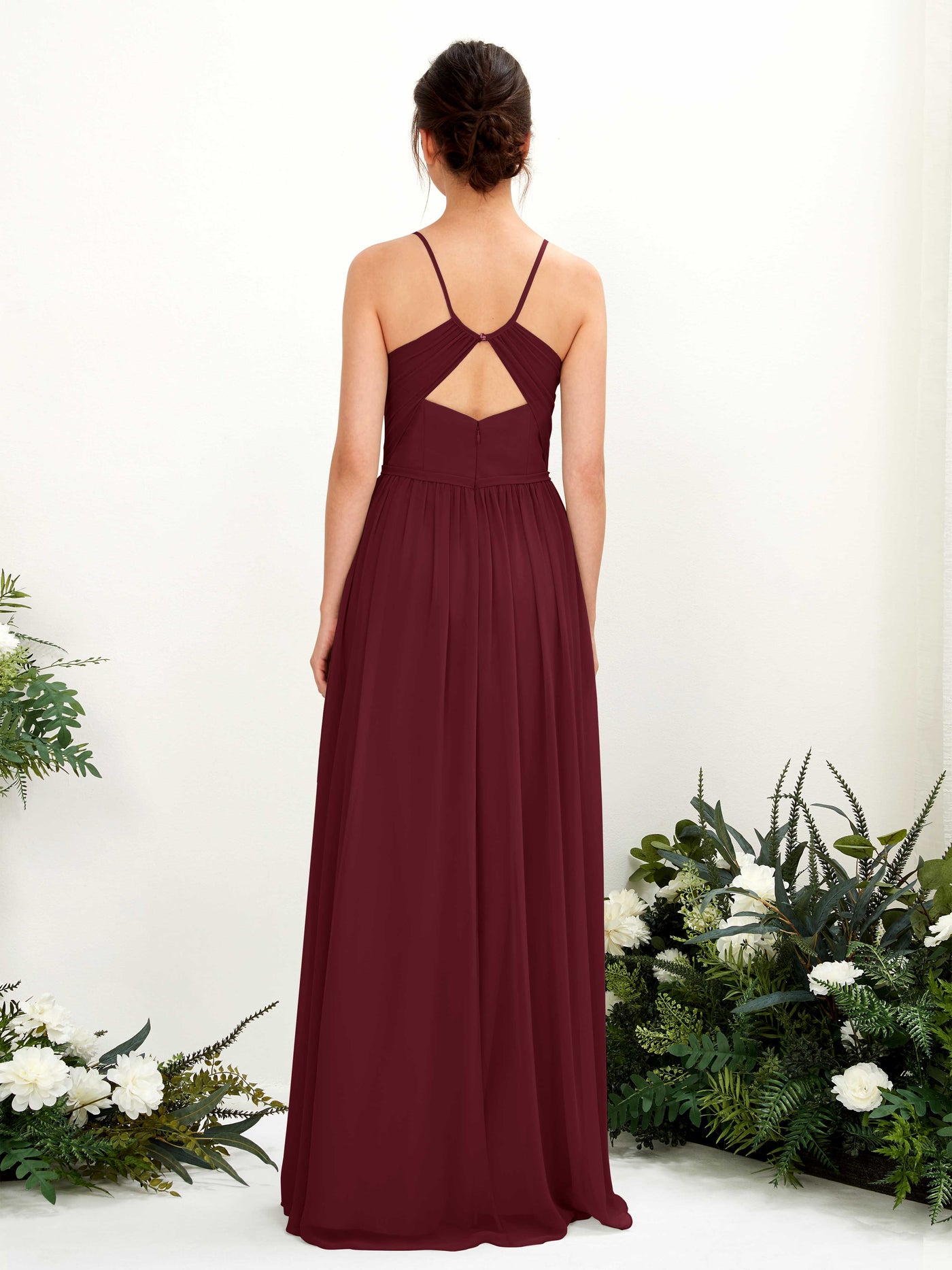 Spaghetti-straps V-neck Chiffon Bridesmaid Dress - Burgundy (81221412)#color_burgundy