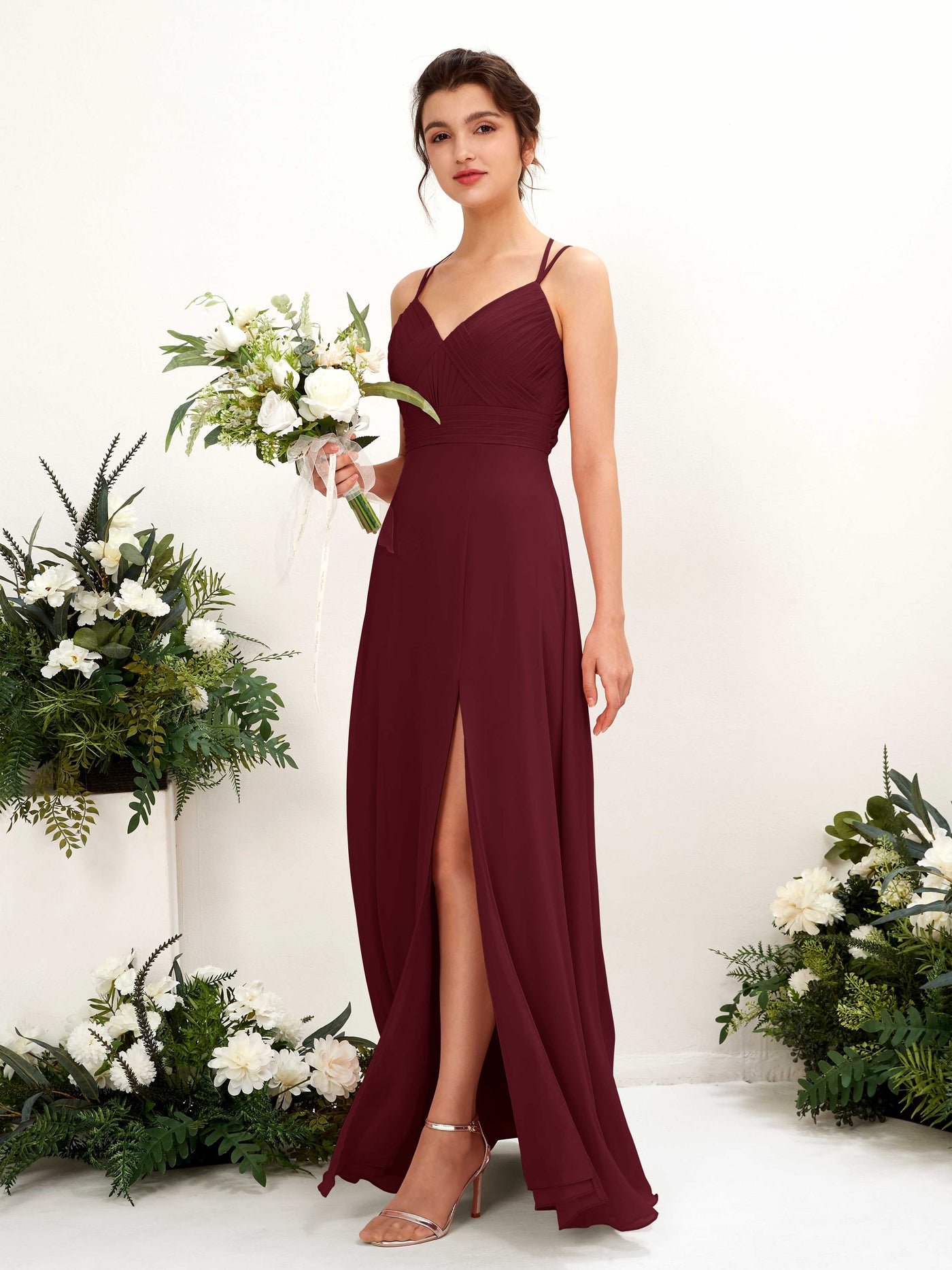 Straps V-neck Sleeveless Chiffon Bridesmaid Dress - Burgundy (81225412)#color_burgundy