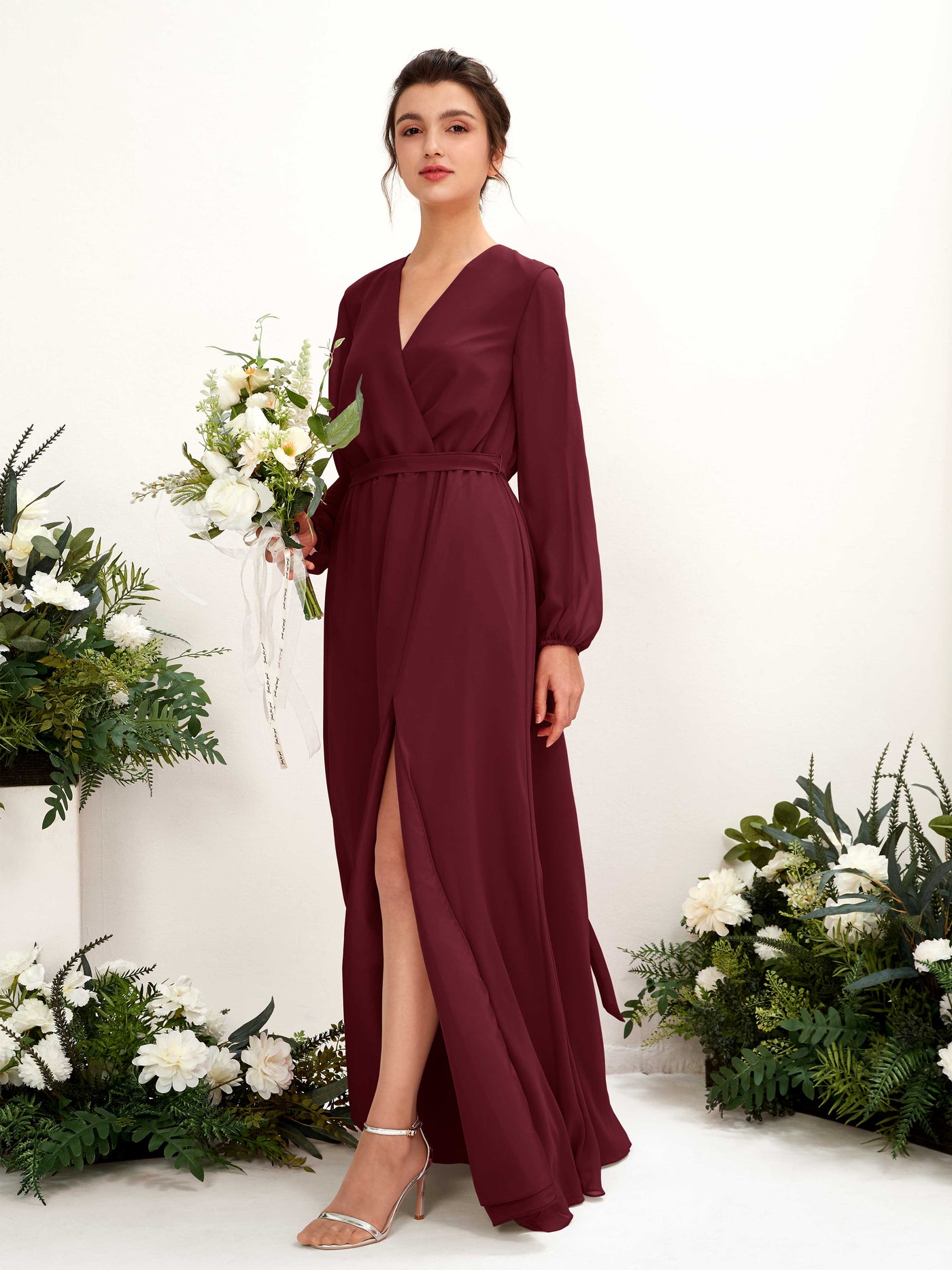 V-neck Long Sleeves Chiffon Bridesmaid Dress - Burgundy (81223212)#color_burgundy