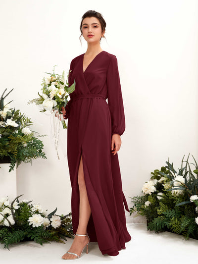 Carlyna Elsie A-Line Burgundy Bridesmaid Dress Maxi Long Sleeve V-Neck Front View #color_burgundy