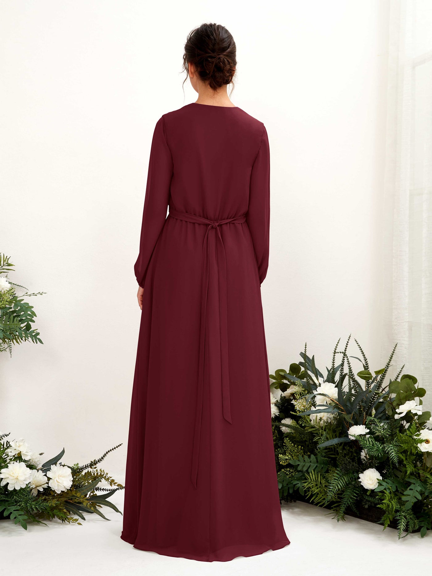 V-neck Long Sleeves Chiffon Bridesmaid Dress - Burgundy (81223212)#color_burgundy