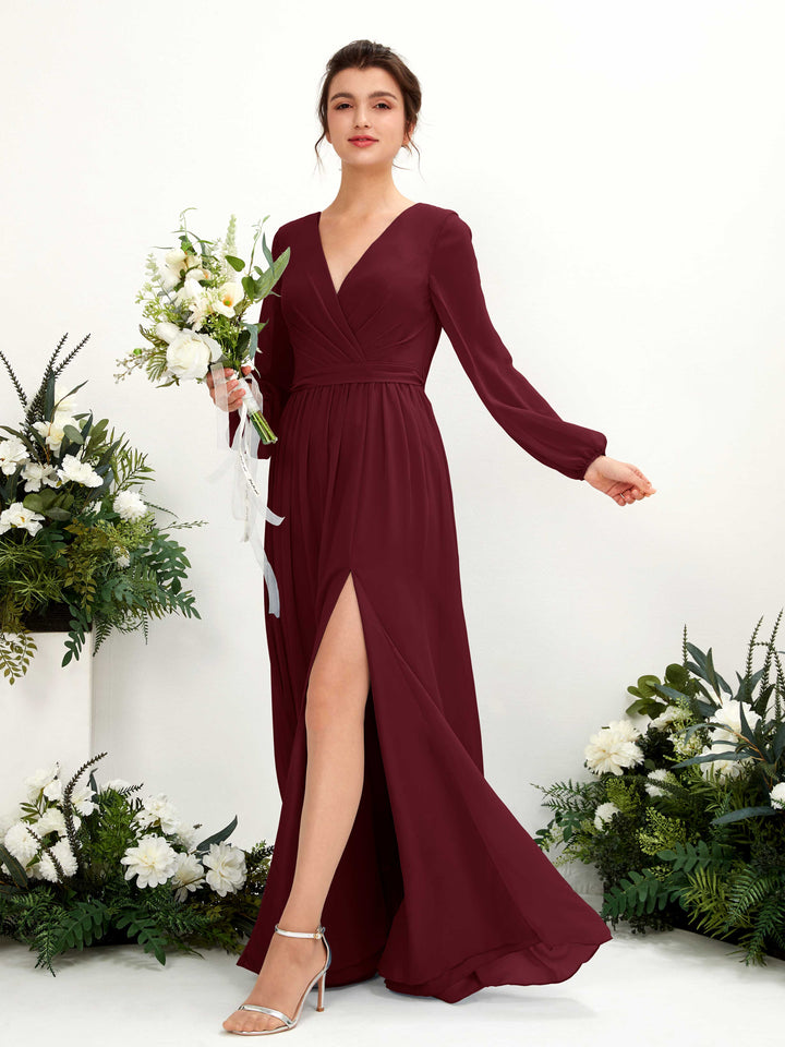 V-neck Long Sleeves Chiffon Bridesmaid Dress - Burgundy (81223812)