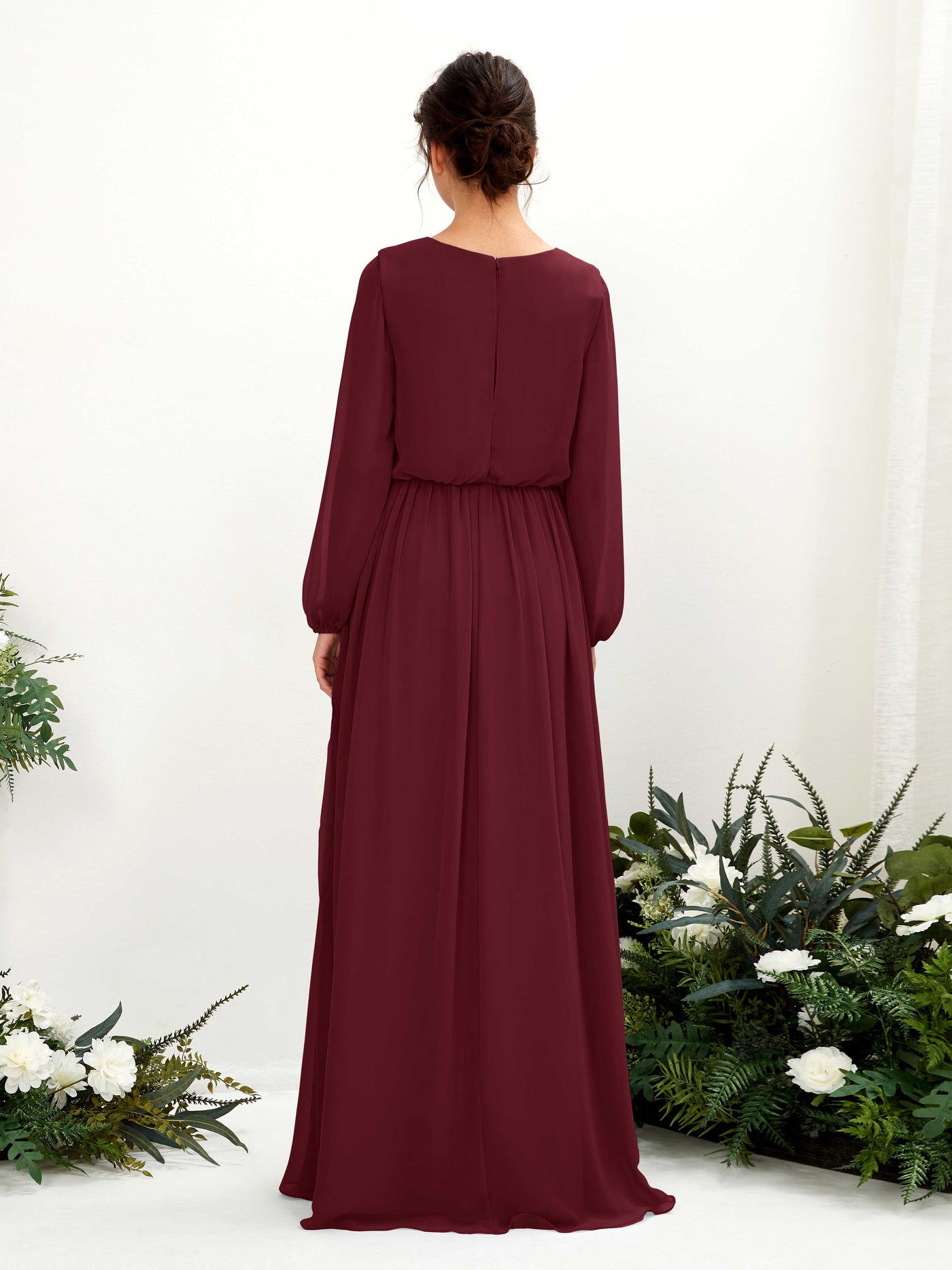 V-neck Long Sleeves Chiffon Bridesmaid Dress - Burgundy (81223812)#color_burgundy