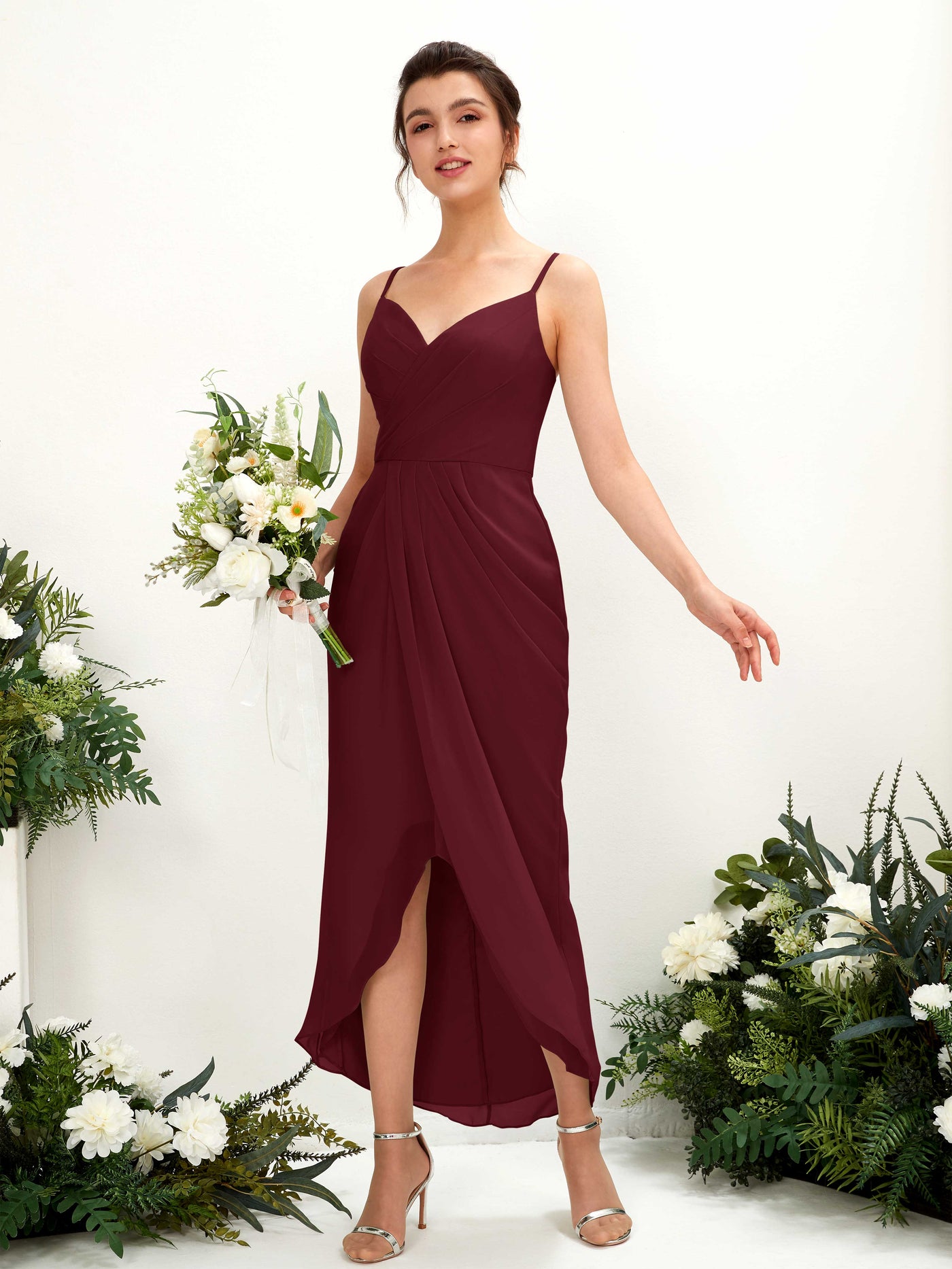Spaghetti-straps V-neck Sleeveless Chiffon Bridesmaid Dress - Burgundy (81221312)#color_burgundy