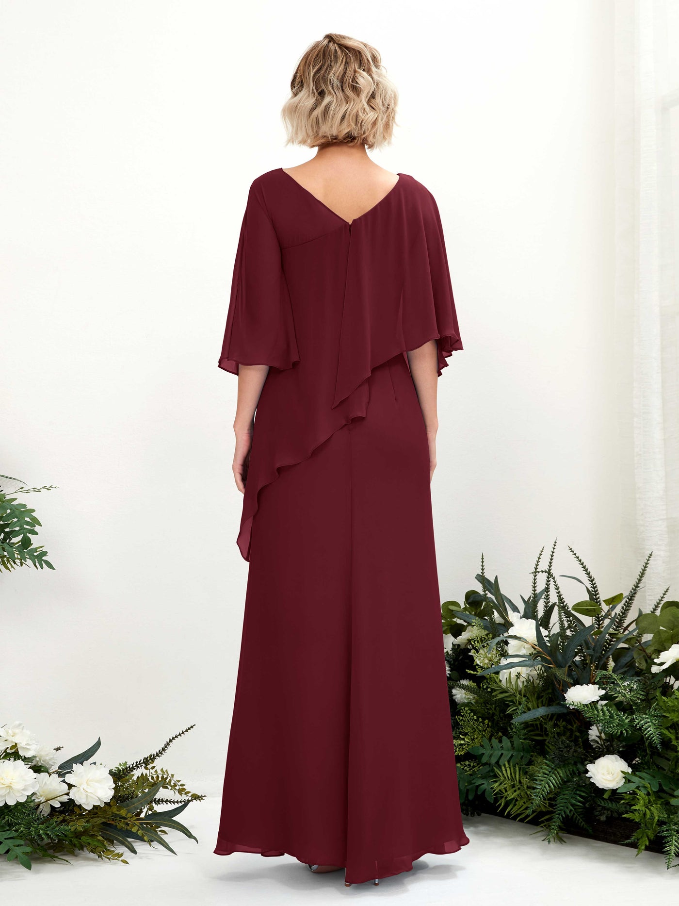 V-neck 3/4 Sleeves Chiffon Bridesmaid Dress - Burgundy (81222512)#color_burgundy