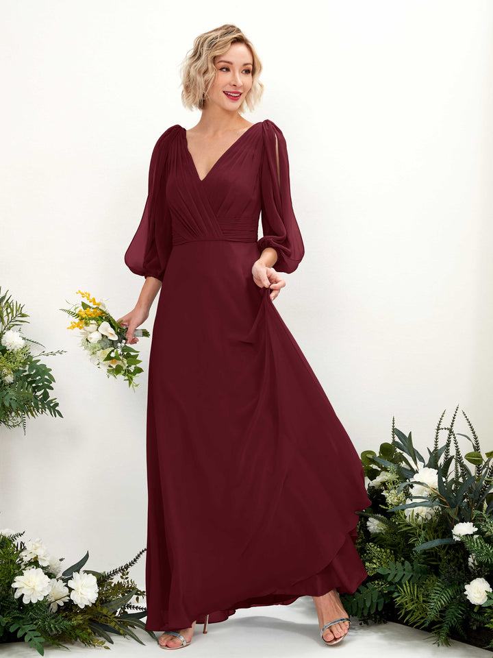 V-neck 3/4 Sleeves Chiffon Bridesmaid Dress - Burgundy (81223512)