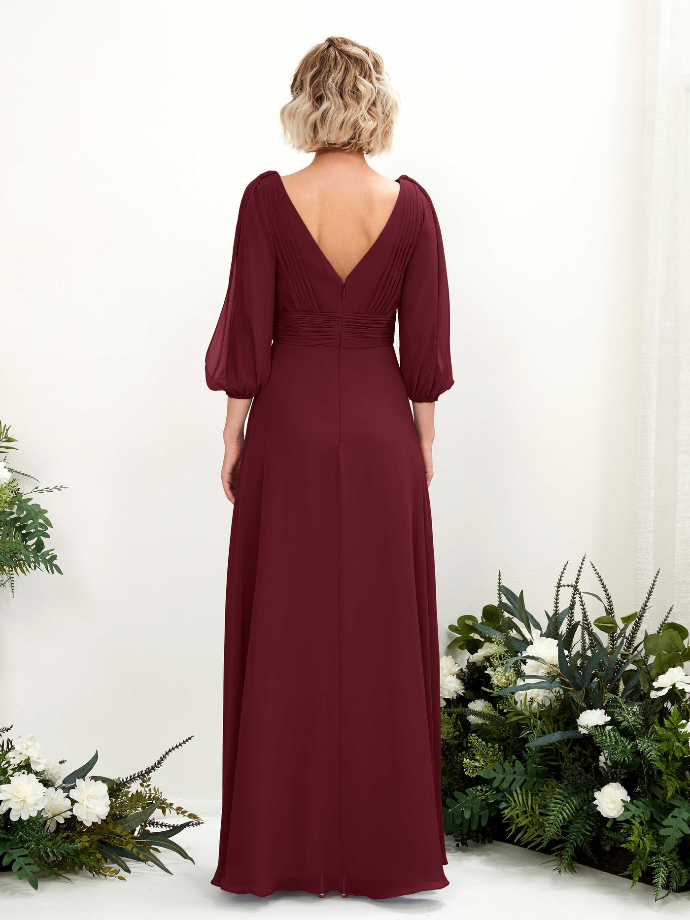 V-neck 3/4 Sleeves Chiffon Bridesmaid Dress - Burgundy (81223512)#color_burgundy