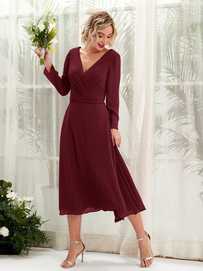 Carlyna Joanna A-Line Burgundy Bridesmaid Dress Midi Long Sleeve V-Neck  #color_burgundy