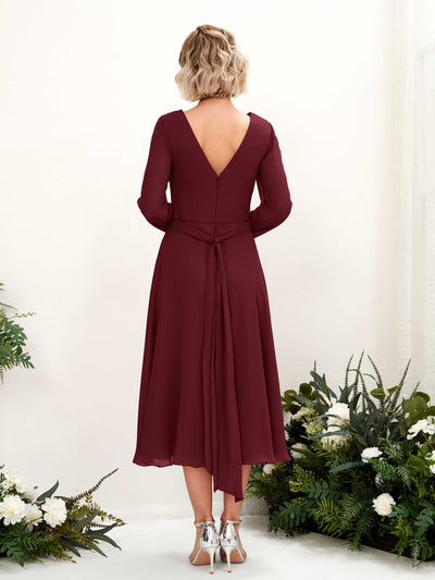Carlyna Joanna A-Line Burgundy Bridesmaid Dress Midi Long Sleeve V-Neck  #color_burgundy
