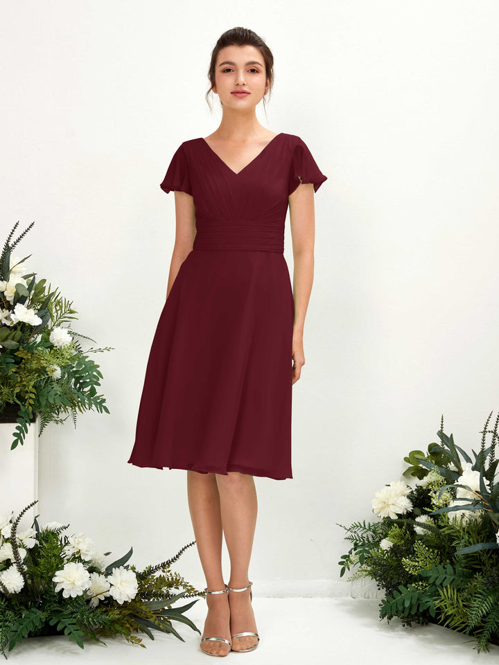 V-neck Short Sleeves Chiffon Bridesmaid Dress - Burgundy (81220212)